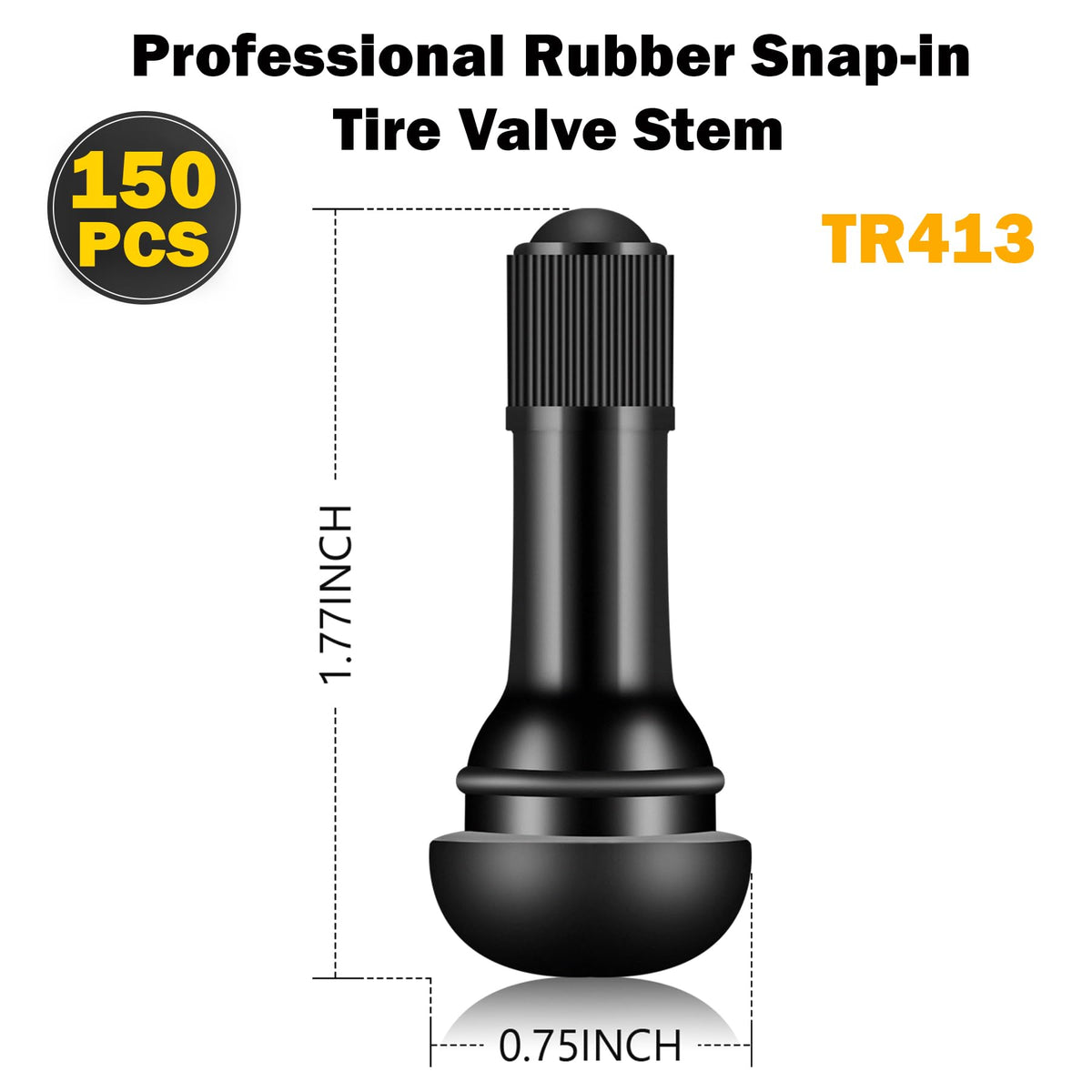 Tire Valve Stems Rubber Snap-In Tubeless Black 0.453 Inch Rim Hole For Standard Car Tires 150 Pack