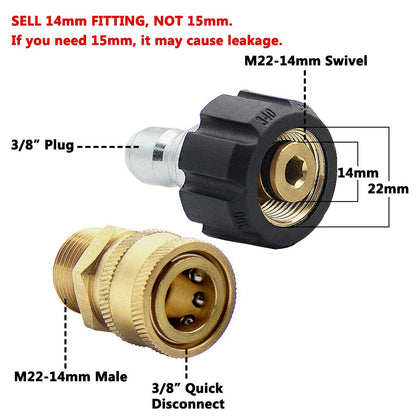 Pressure Washer Quick Disconnect Adapter Set M22 To 14mm Swivel To Three Eighths Inch Fittings