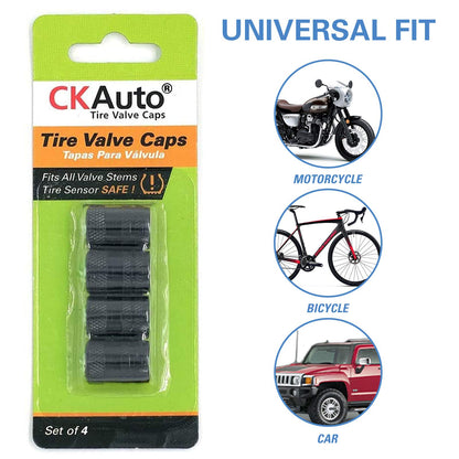 Black Anodized Aluminum Tire Valve Stem Caps Set, 4 Pack, Universal Fit Cars Trucks SUVs Motorcycles