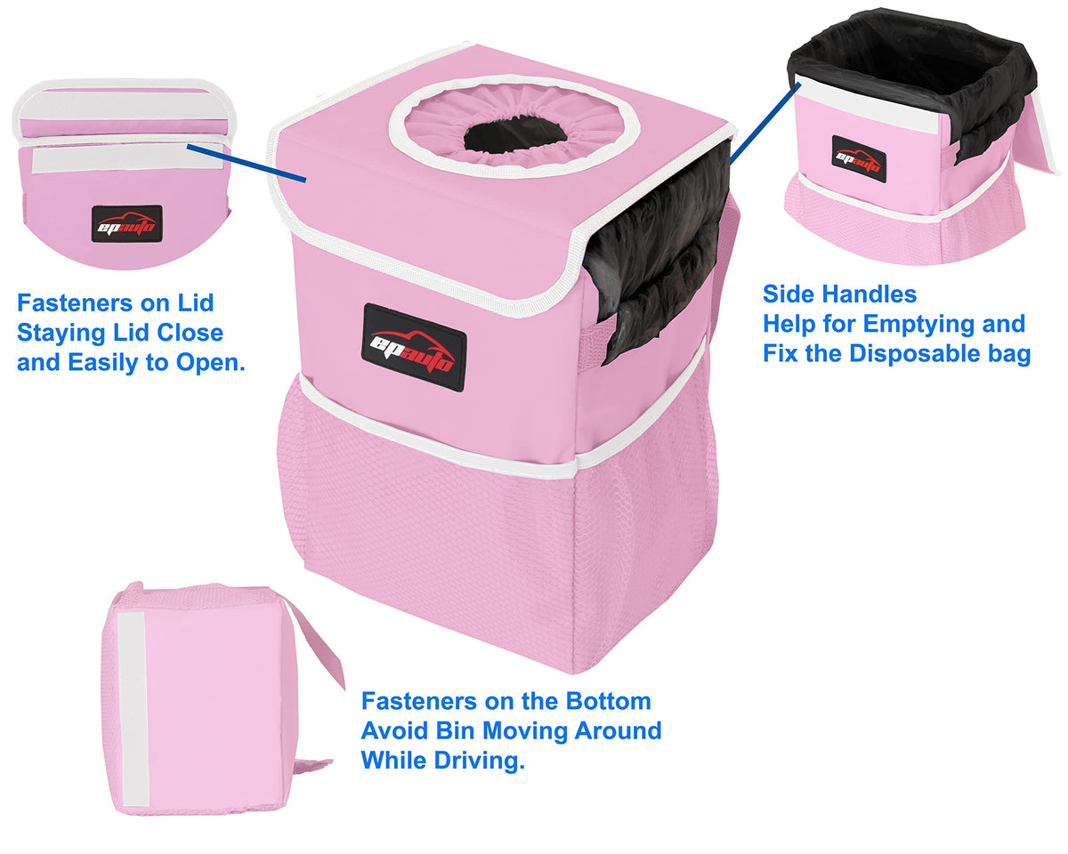 EPAuto Waterproof Car Trash Can With Lid And Storage Pockets 2.5 Gallon Black