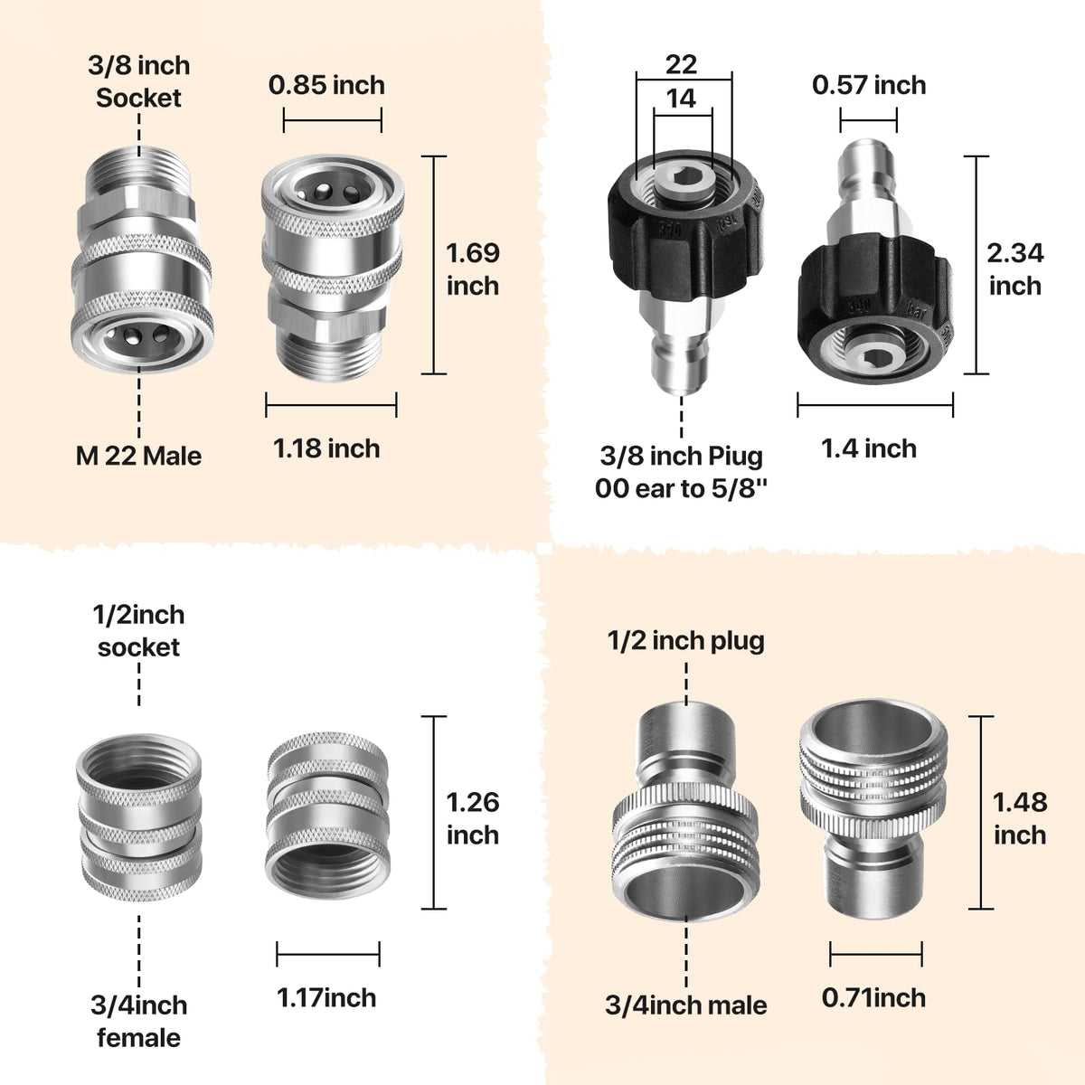 Pressure Washer Quick Disconnect Adapter Set M22 To 14mm Swivel To Three Eighths Inch Fittings