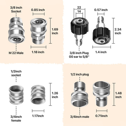 Pressure Washer Quick Disconnect Adapter Set M22 To 14mm Swivel To Three Eighths Inch Fittings