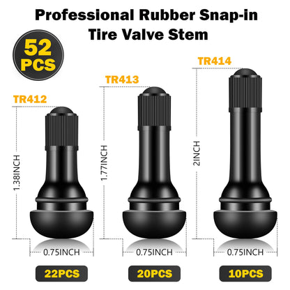 Tire Valve Stems Rubber Snap-In Tubeless Black 0.453 Inch Rim Hole For Standard Car Tires 150 Pack