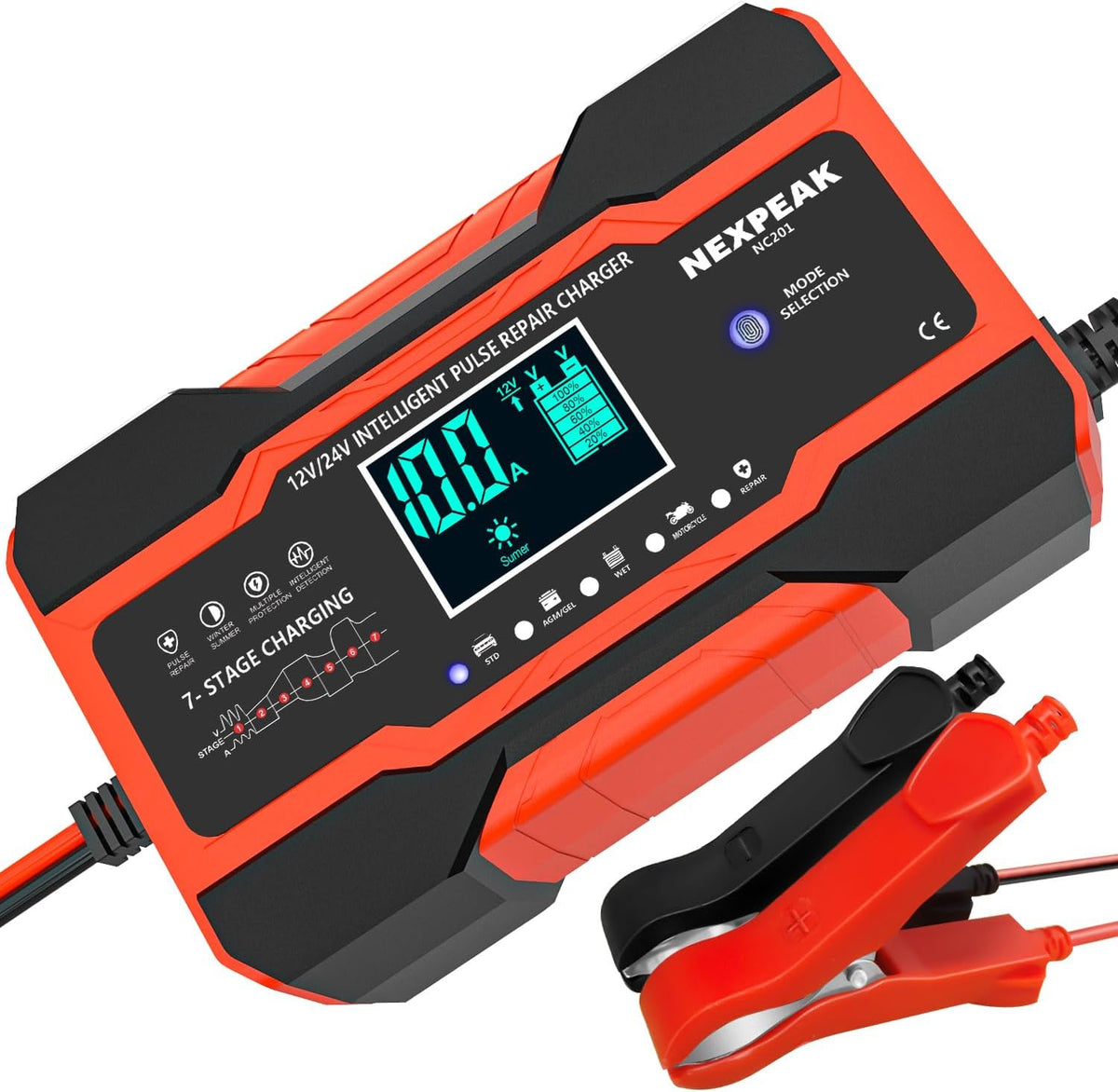 Nexpeak NC201 12V 24V Battery Charger 10 Amp Maintainer Desulfator With Temperature Compensation