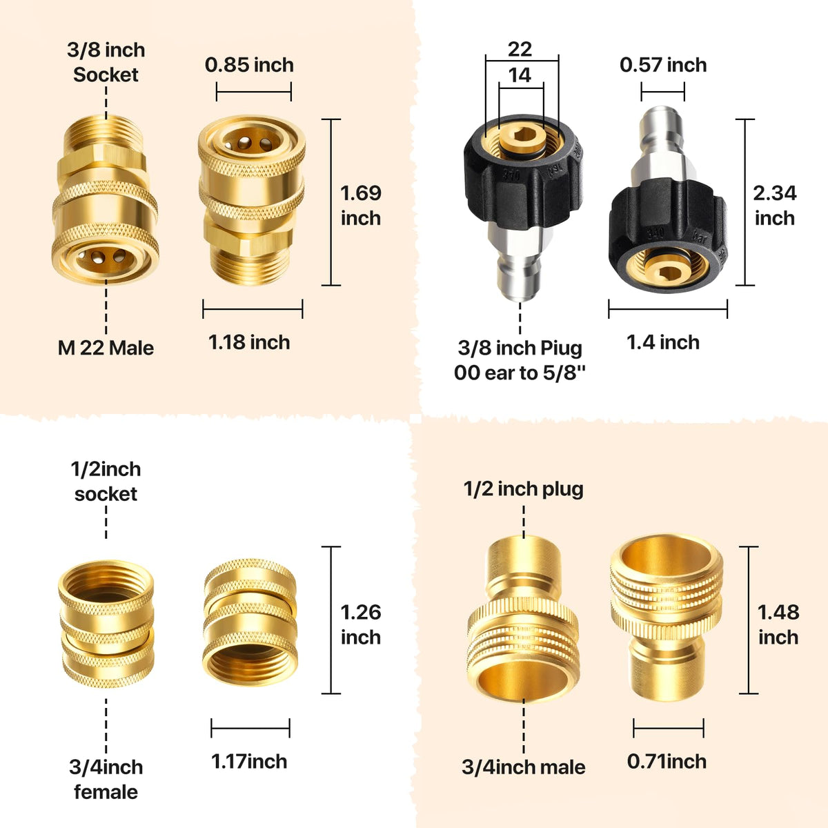 Pressure Washer Quick Disconnect Adapter Set M22 To 14mm Swivel To Three Eighths Inch Fittings