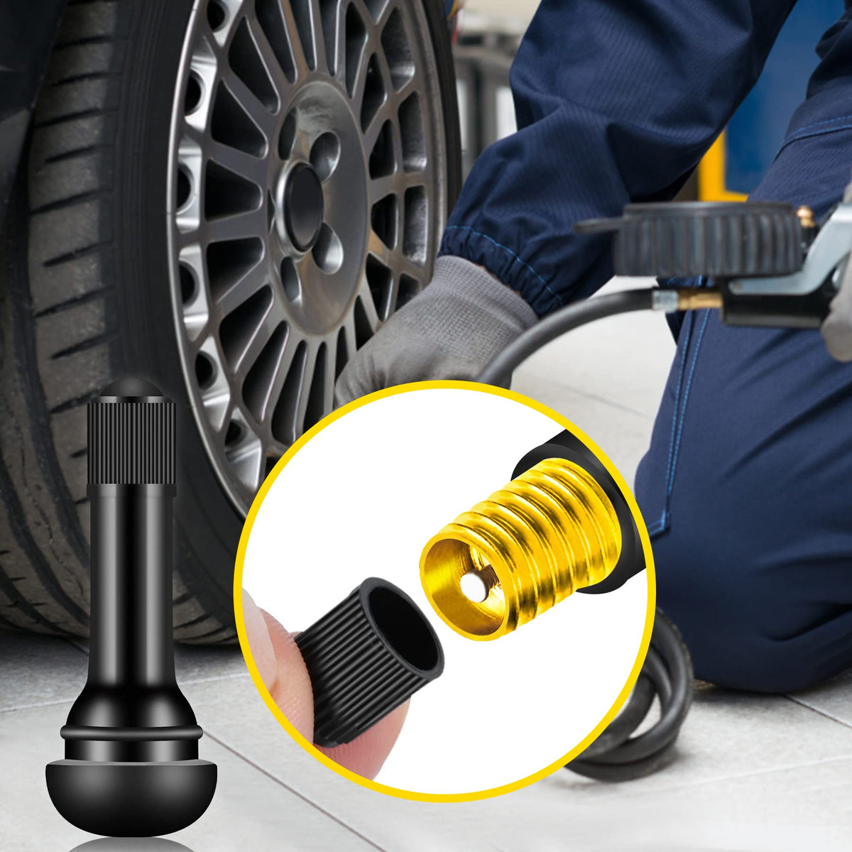 Tire Valve Stems Rubber Snap-In Tubeless Black 0.453 Inch Rim Hole For Standard Car Tires 150 Pack