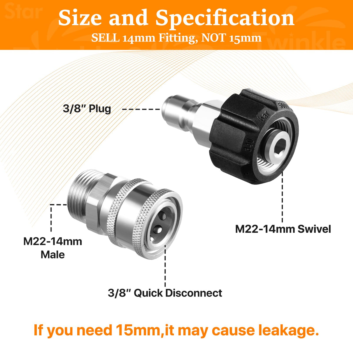 Pressure Washer Quick Disconnect Adapter Set M22 To 14mm Swivel To Three Eighths Inch Fittings