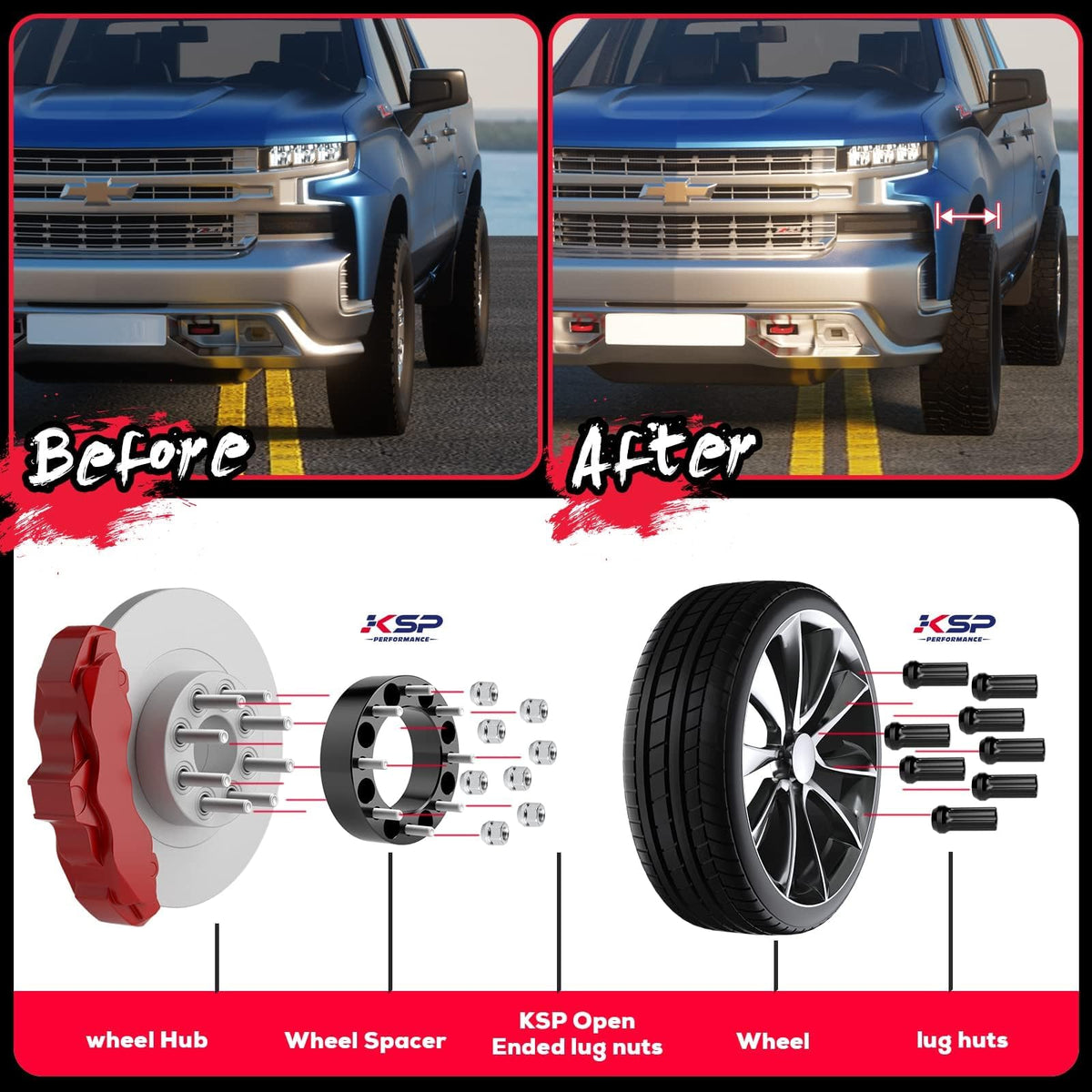 KSP 6x139.7mm Wheel Spacers 2in for Silverado Sierra Ram 1500 Lug Centric 108mm Hub Bore Black 4Pcs