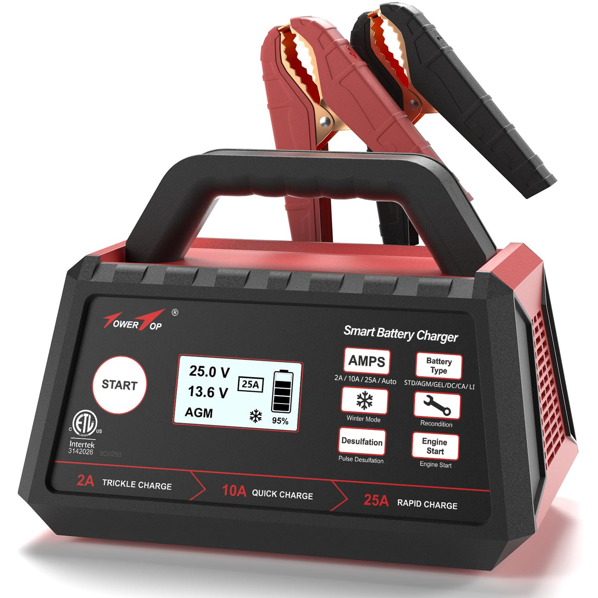 TowerTop 12V Smart Car Battery Charger 2 10 25A Maintainer With Engine Start Desulfator Winter Mode