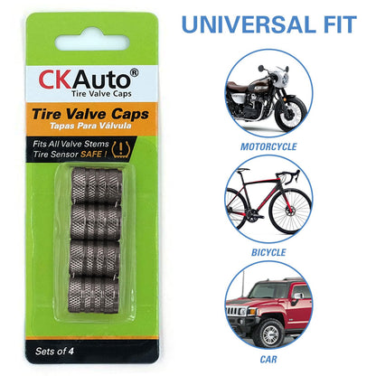 Black Anodized Aluminum Tire Valve Stem Caps Set, 4 Pack, Universal Fit Cars Trucks SUVs Motorcycles