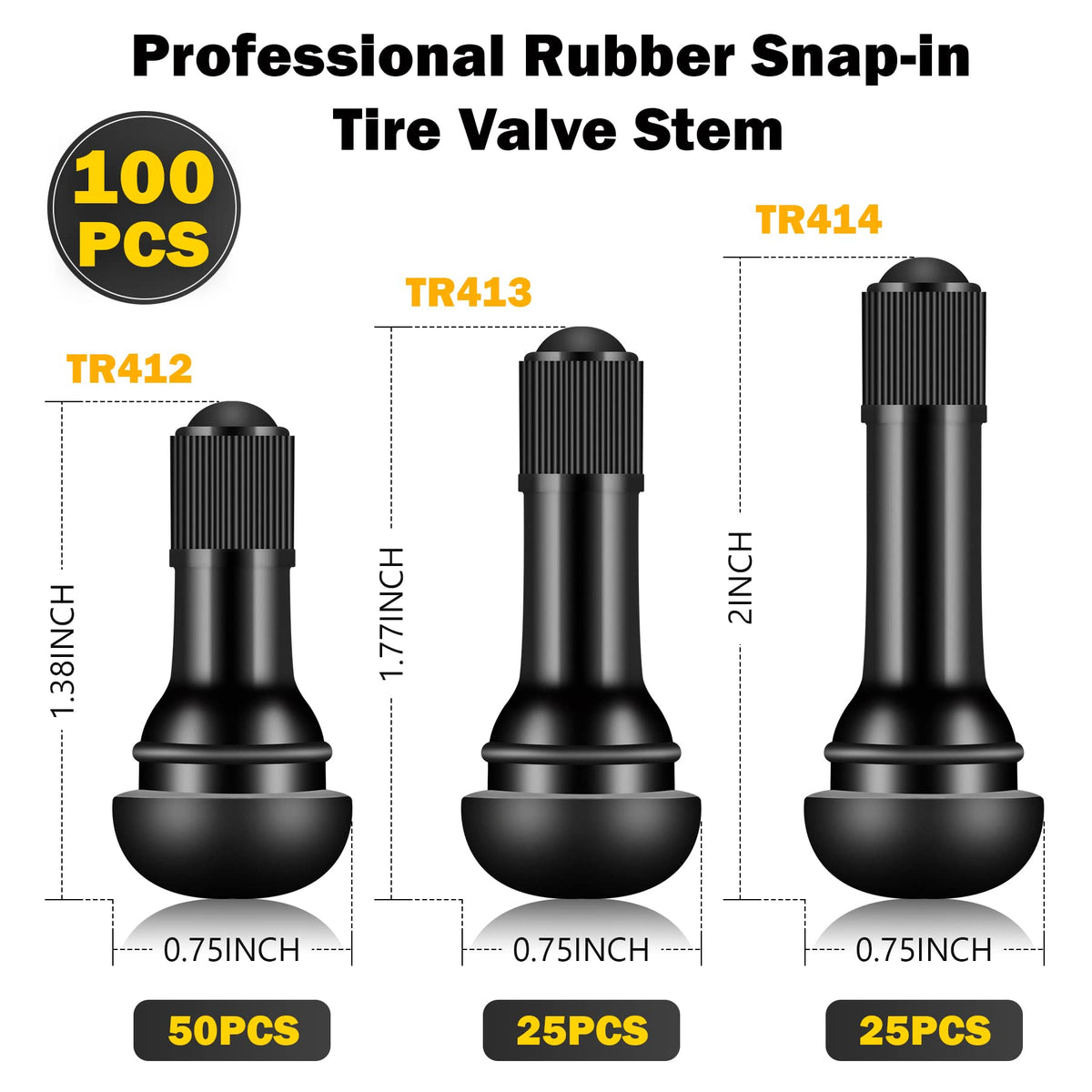 Tire Valve Stems Rubber Snap-In Tubeless Black 0.453 Inch Rim Hole For Standard Car Tires 150 Pack