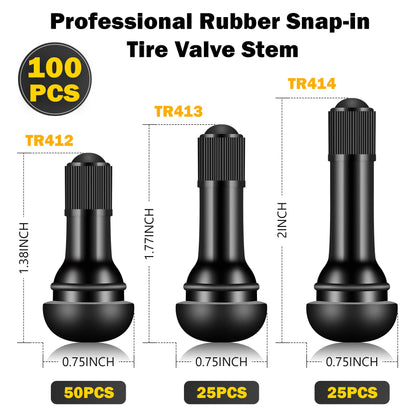 Tire Valve Stems Rubber Snap-In Tubeless Black 0.453 Inch Rim Hole For Standard Car Tires 150 Pack
