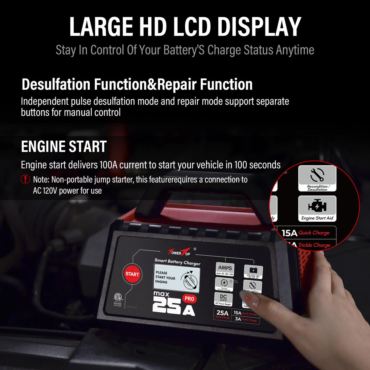TowerTop 12V Smart Car Battery Charger 2 10 25A Maintainer With Engine Start Desulfator Winter Mode