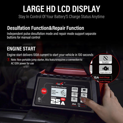 TowerTop 12V Smart Car Battery Charger 2 10 25A Maintainer With Engine Start Desulfator Winter Mode