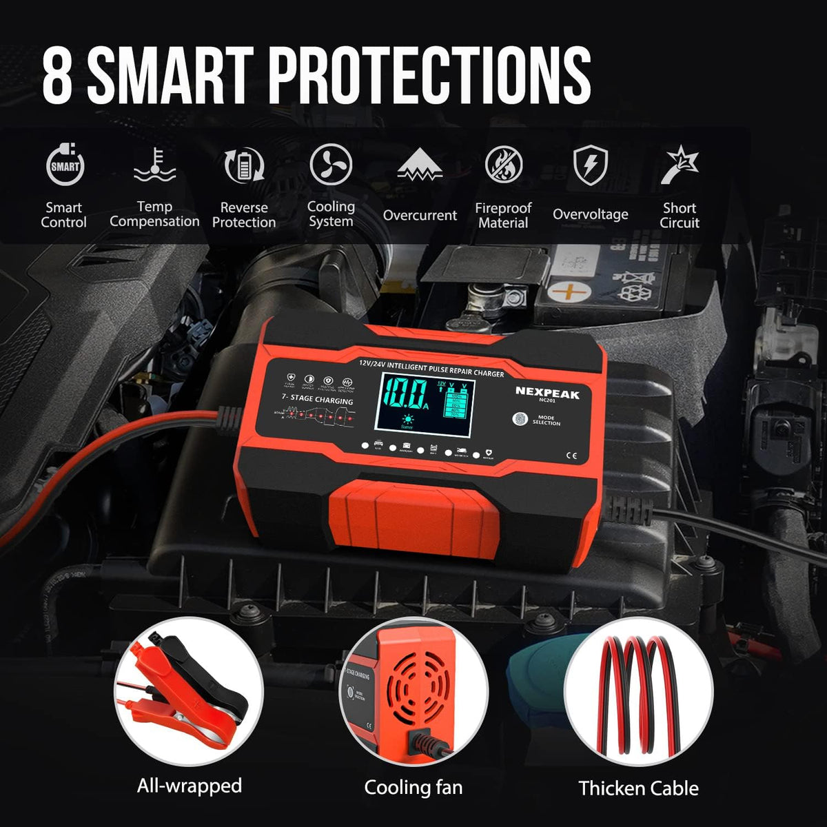 Nexpeak NC201 12V 24V Battery Charger 10 Amp Maintainer Desulfator With Temperature Compensation