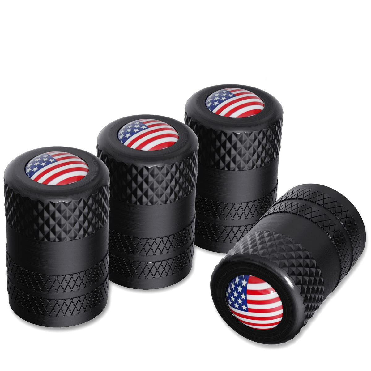 Black Anodized Aluminum Tire Valve Stem Caps Set, 4 Pack, Universal Fit Cars Trucks SUVs Motorcycles