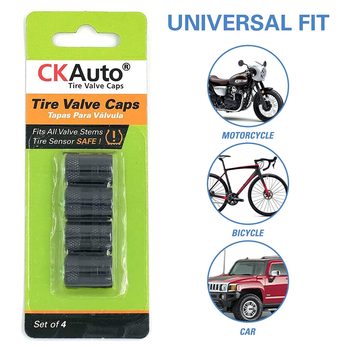 Black Anodized Aluminum Tire Valve Stem Caps Set, 4 Pack, Universal Fit Cars Trucks SUVs Motorcycles