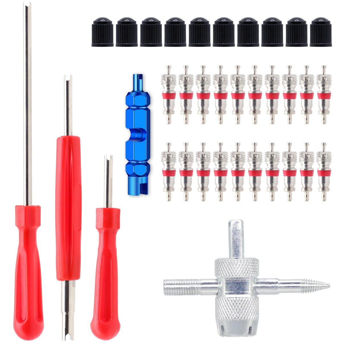 ZHSMS Valve Stem Removal Tool Kit 35 Pc Set With 20 Valve Cores 10 Tire Valve Caps 4 Way Remover