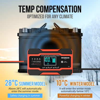 Nexpeak NC201 12V 24V Battery Charger 10 Amp Maintainer Desulfator With Temperature Compensation