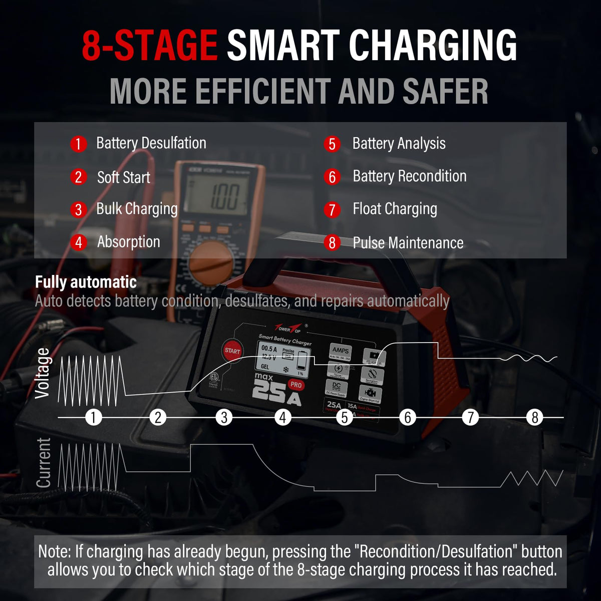 TowerTop 12V Smart Car Battery Charger 2 10 25A Maintainer With Engine Start Desulfator Winter Mode