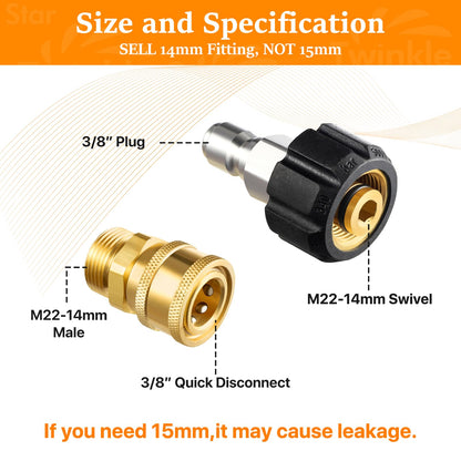 Pressure Washer Quick Disconnect Adapter Set M22 To 14mm Swivel To Three Eighths Inch Fittings