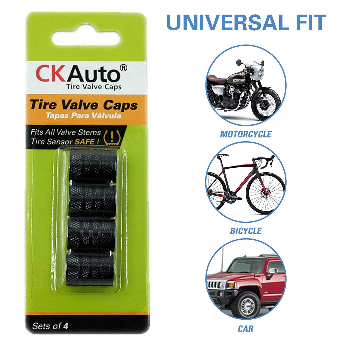 Black Anodized Aluminum Tire Valve Stem Caps Set, 4 Pack, Universal Fit Cars Trucks SUVs Motorcycles