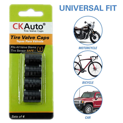 Black Anodized Aluminum Tire Valve Stem Caps Set, 4 Pack, Universal Fit Cars Trucks SUVs Motorcycles