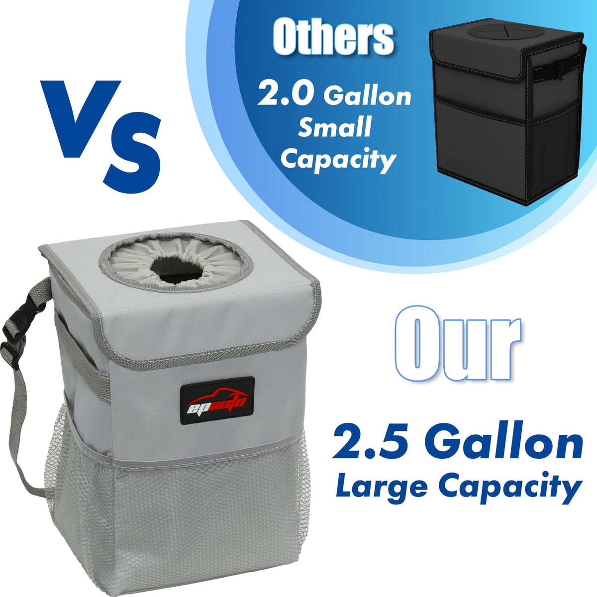 EPAuto Waterproof Car Trash Can With Lid And Storage Pockets 2.5 Gallon Black