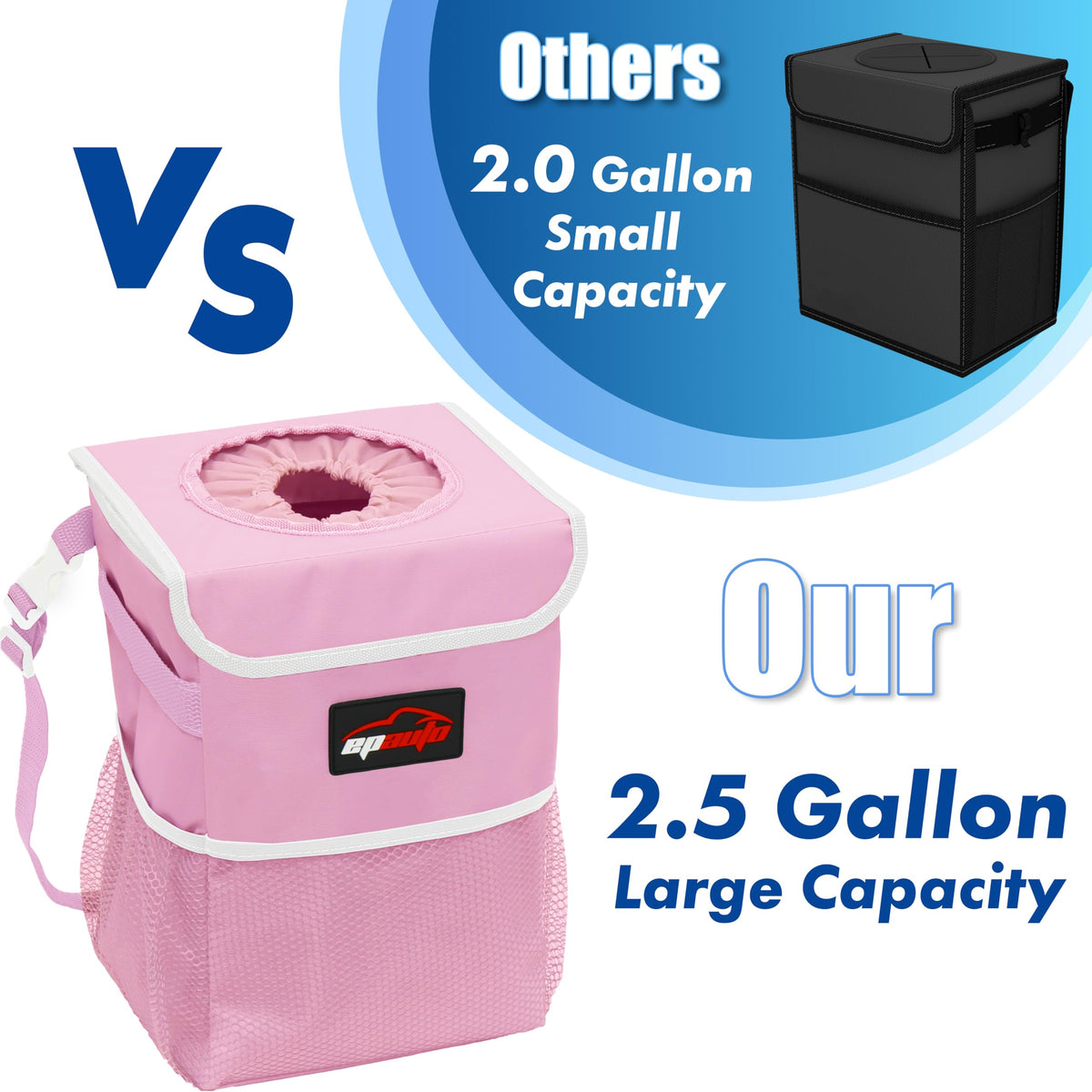 EPAuto Waterproof Car Trash Can With Lid And Storage Pockets 2.5 Gallon Black