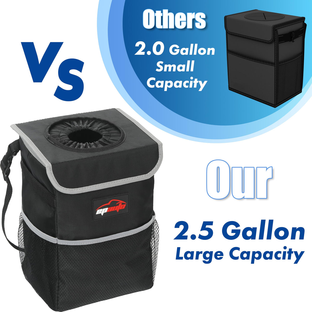 EPAuto Waterproof Car Trash Can With Lid And Storage Pockets 2.5 Gallon Black