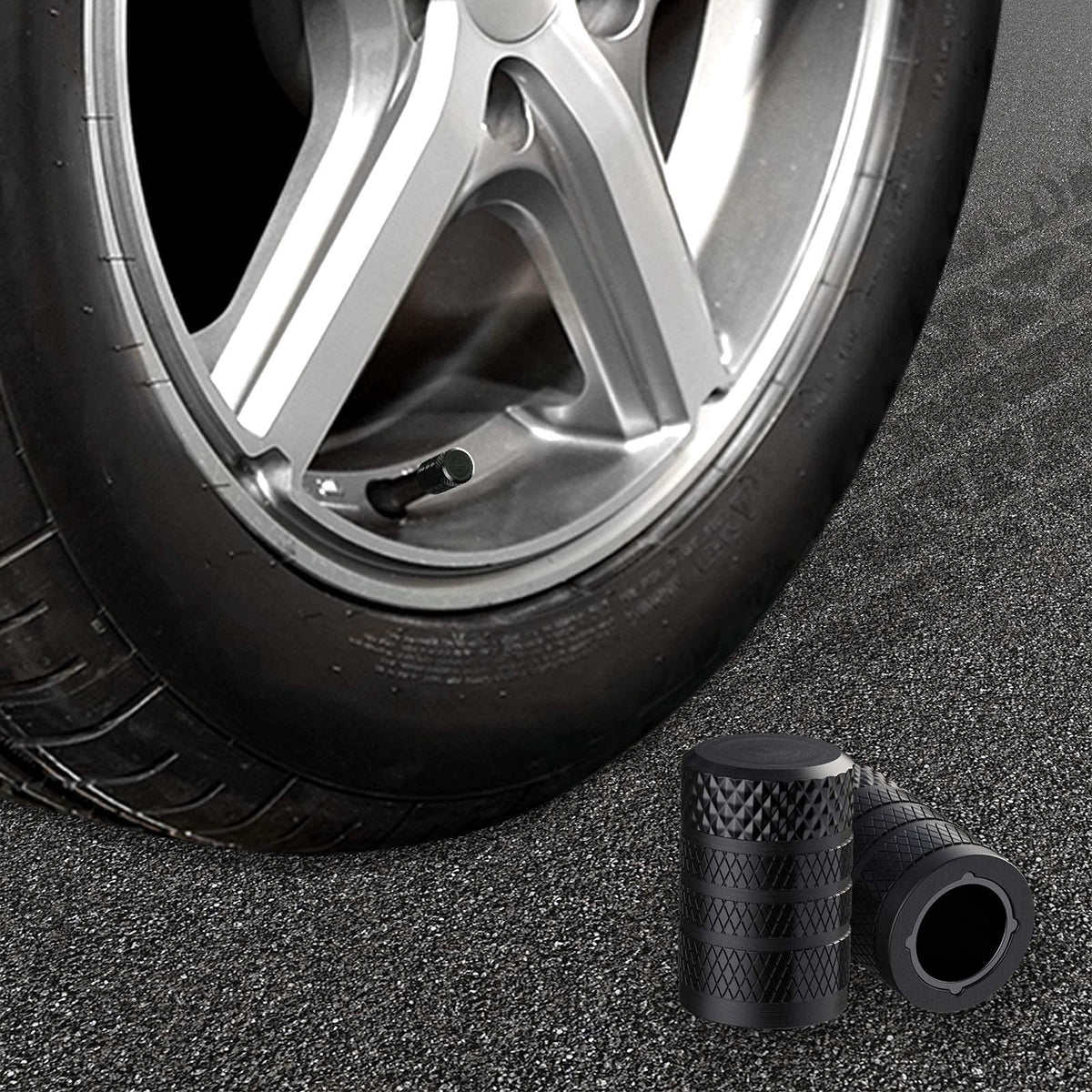 Black Anodized Aluminum Tire Valve Stem Caps Set, 4 Pack, Universal Fit Cars Trucks SUVs Motorcycles