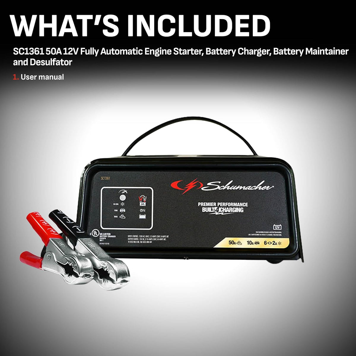 Schumacher SC1361 12V Fully Automatic Battery Charger Maintainer 50A 6A 2A 10A Modes For Cars RVs