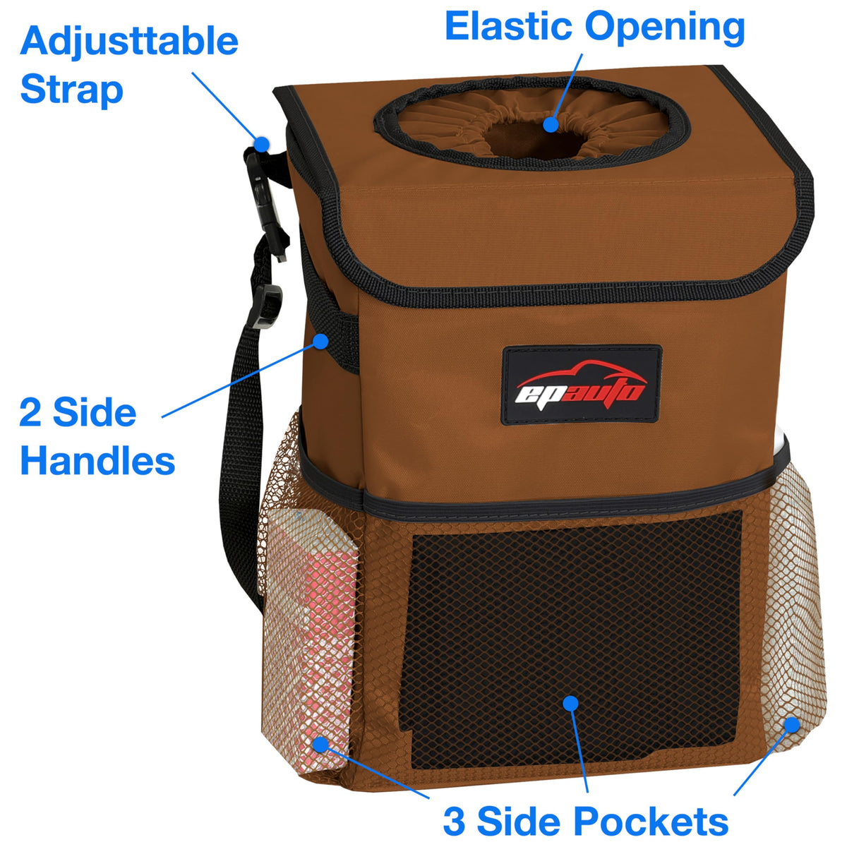 EPAuto Waterproof Car Trash Can With Lid And Storage Pockets 2.5 Gallon Black