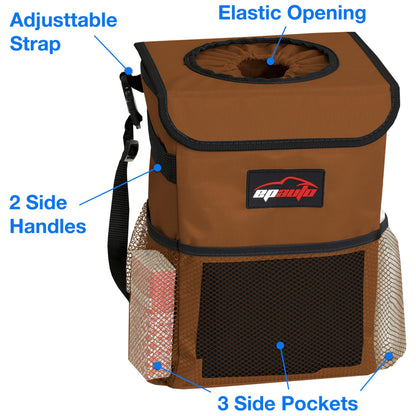 EPAuto Waterproof Car Trash Can With Lid And Storage Pockets 2.5 Gallon Black