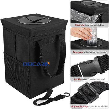 Beicarin Car Trash Can With Lid 2.6 Gal Leakproof Collapsible SUV Truck Van Organizer