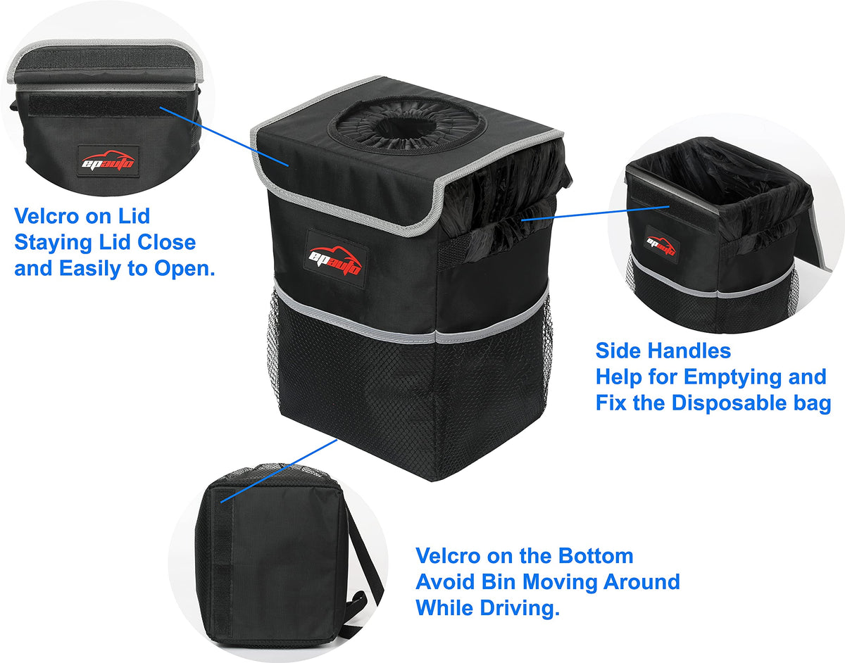EPAuto Waterproof Car Trash Can With Lid And Storage Pockets 2.5 Gallon Black