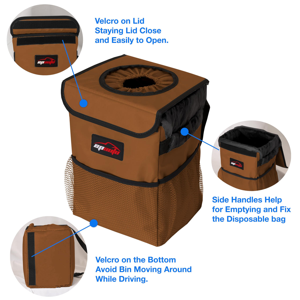 EPAuto Waterproof Car Trash Can With Lid And Storage Pockets 2.5 Gallon Black