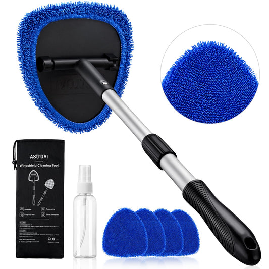 AstroAI 21 Inch Extendable Windshield Cleaning Tool With Handle And 4 Microfiber Pads Blue