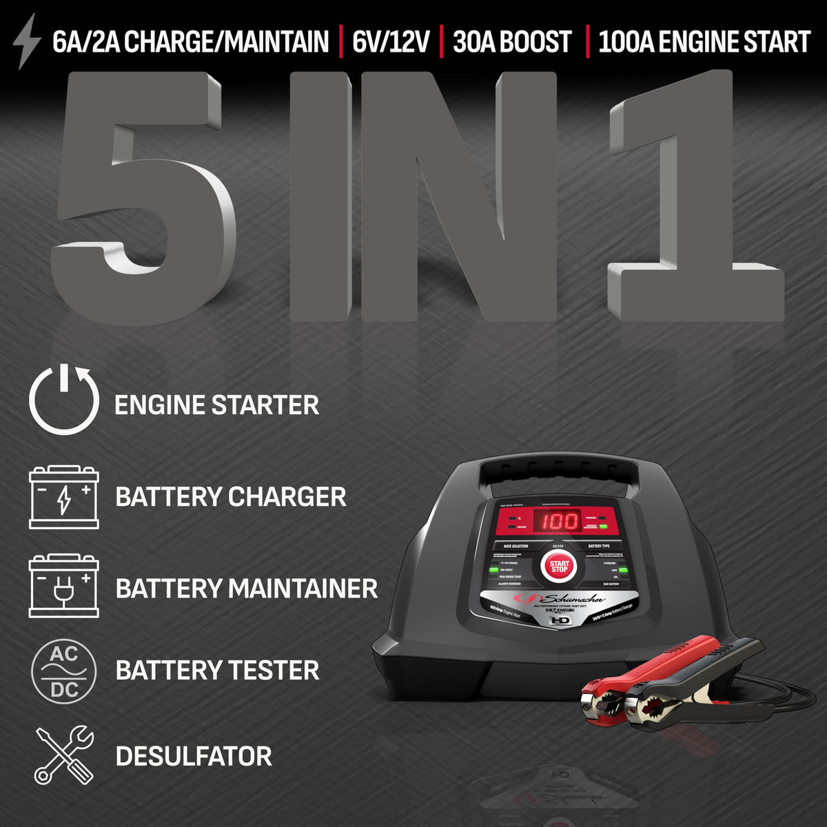 Schumacher 6V 12V Battery Charger And 100A Engine Starter 5 In 1 Maintainer 6A 30A Boost