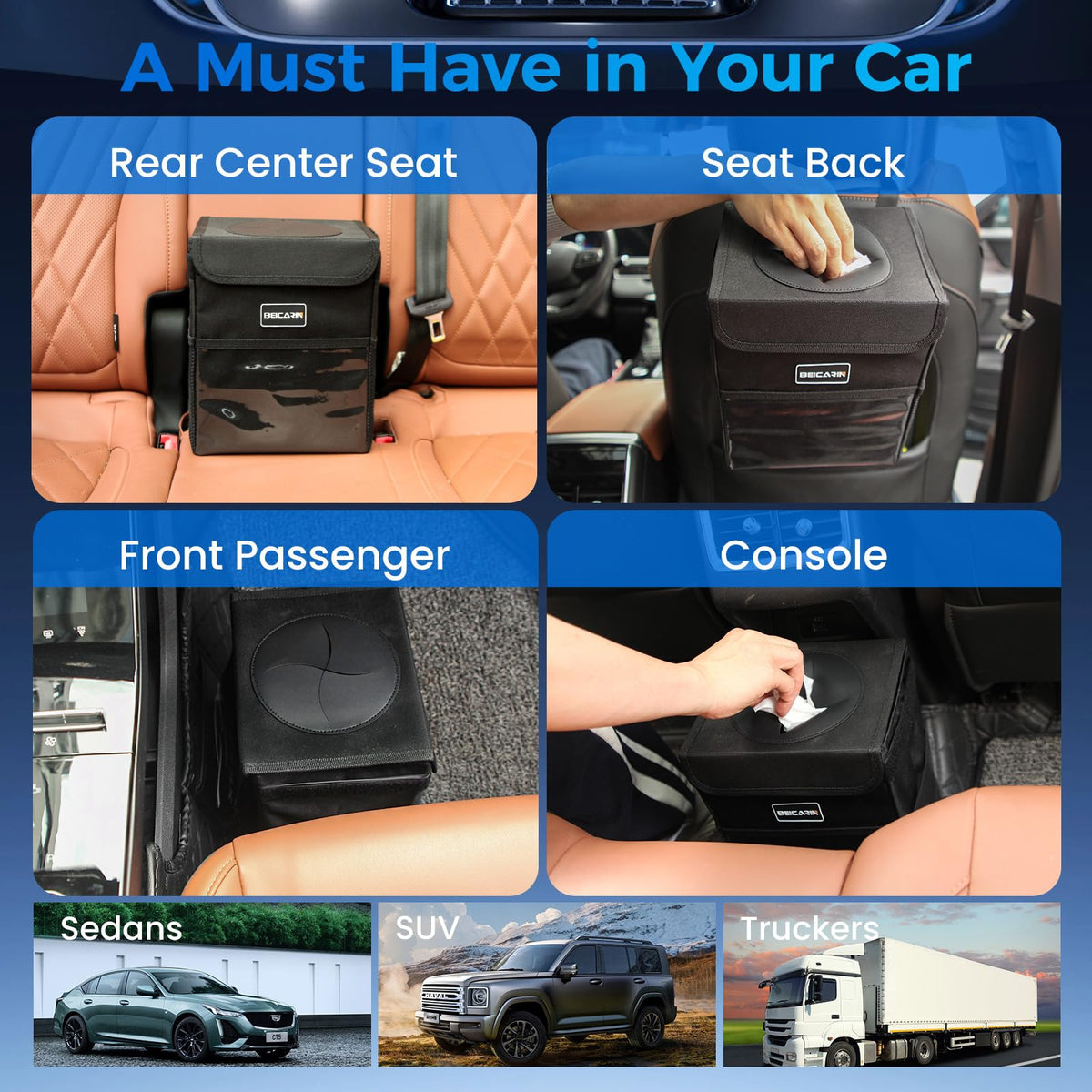 Beicarin Car Trash Can With Lid 2.6 Gal Leakproof Collapsible SUV Truck Van Organizer