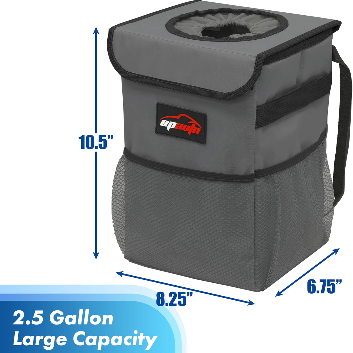 EPAuto Waterproof Car Trash Can With Lid And Storage Pockets 2.5 Gallon Black