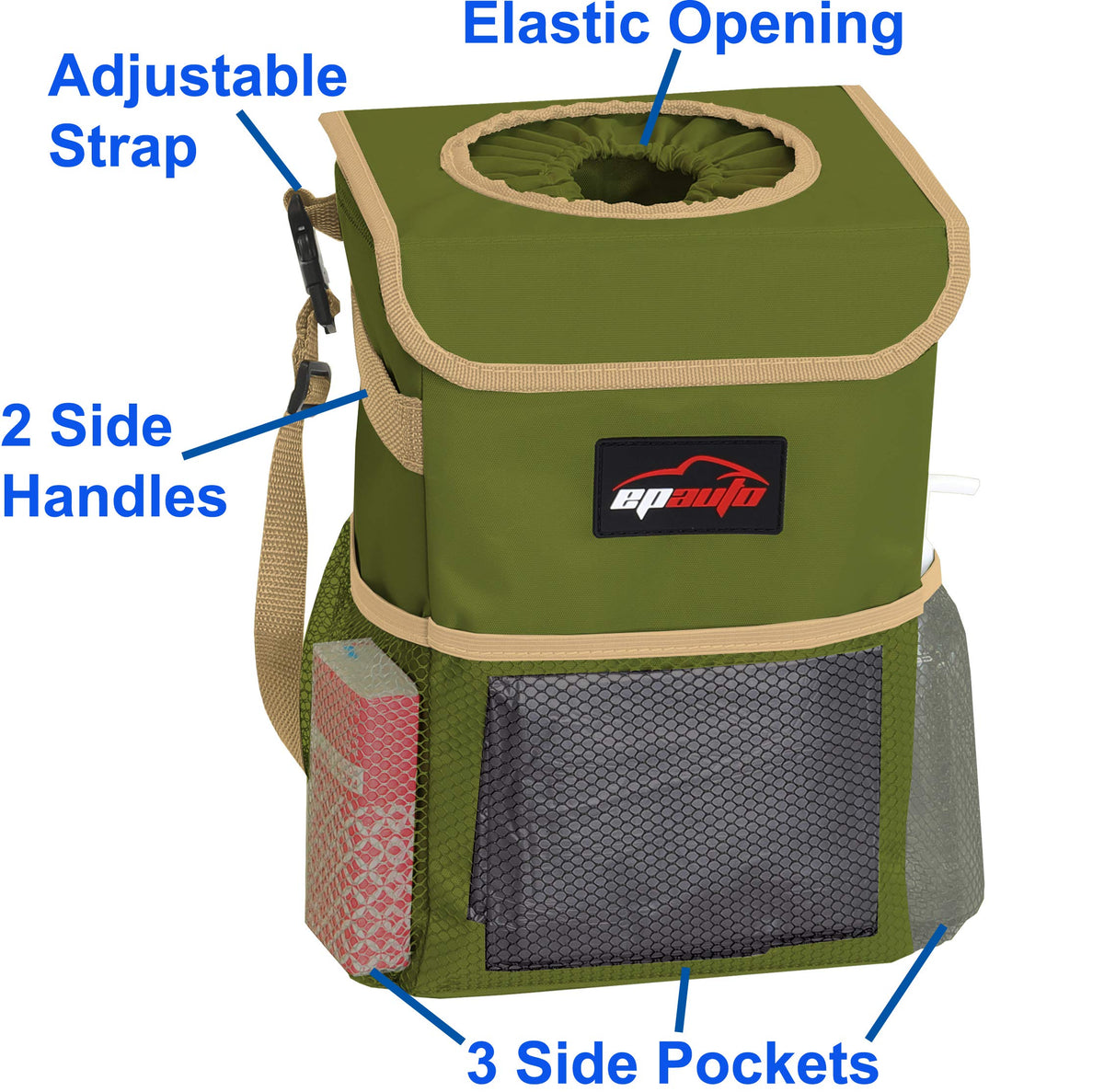 EPAuto Waterproof Car Trash Can With Lid And Storage Pockets 2.5 Gallon Black