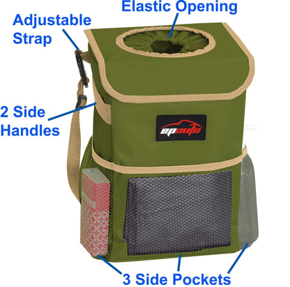 EPAuto Waterproof Car Trash Can With Lid And Storage Pockets 2.5 Gallon Black