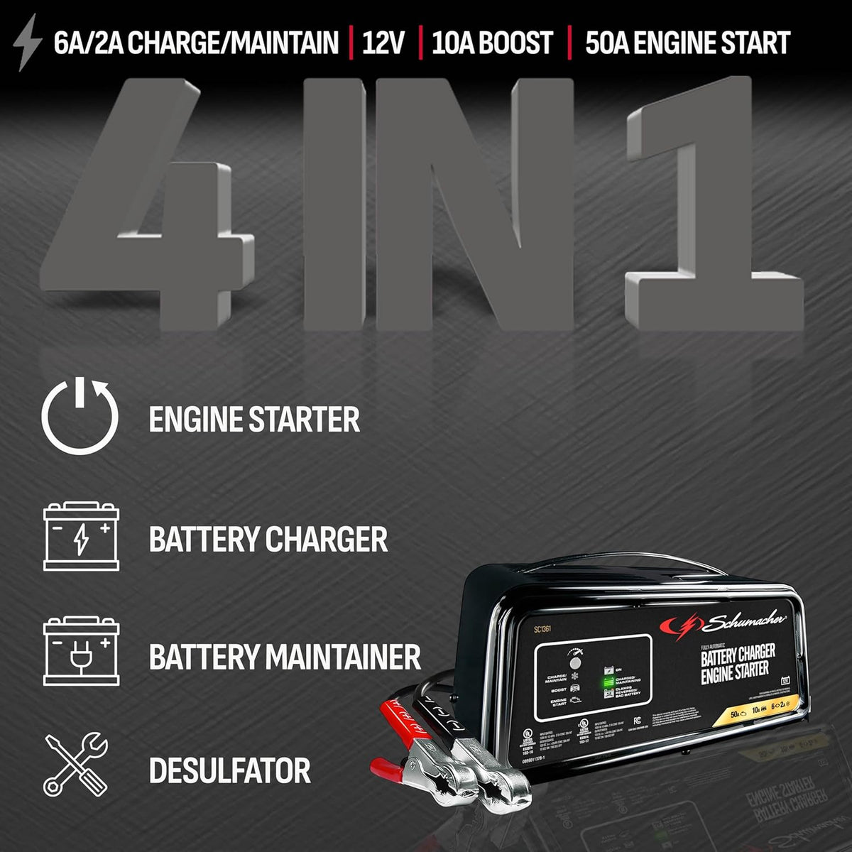 Schumacher SC1361 12V Fully Automatic Battery Charger Maintainer 50A 6A 2A 10A Modes For Cars RVs