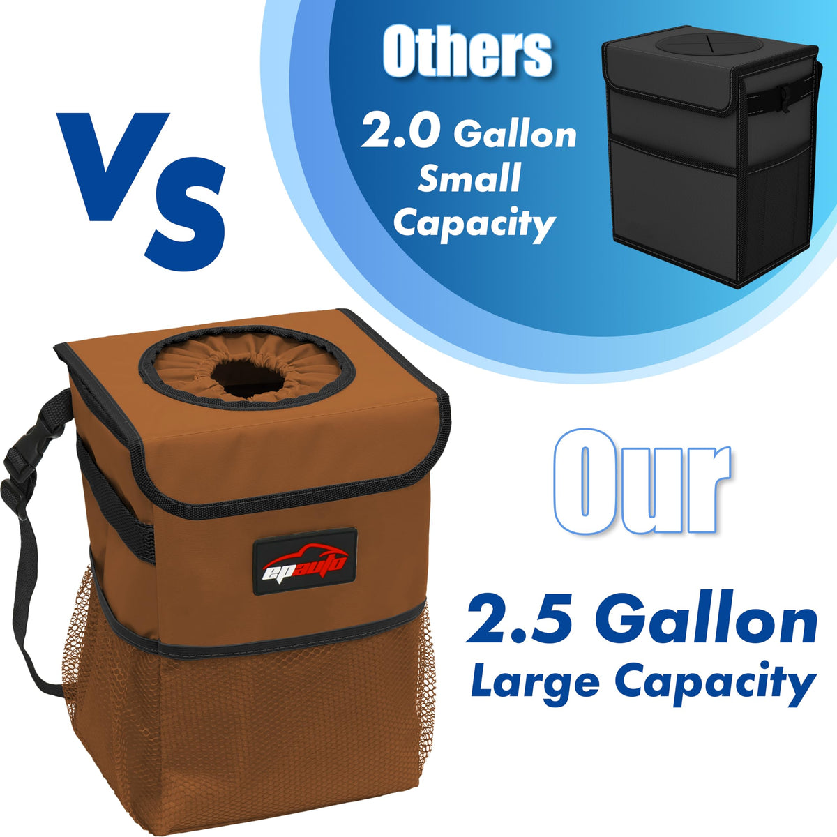EPAuto Waterproof Car Trash Can With Lid And Storage Pockets 2.5 Gallon Black