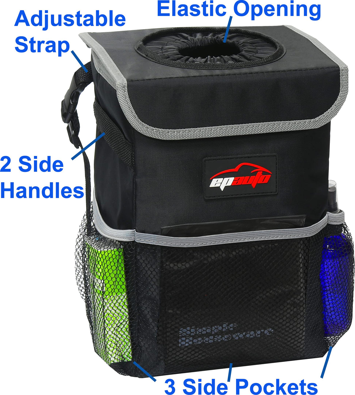 EPAuto Waterproof Car Trash Can With Lid And Storage Pockets 2.5 Gallon Black
