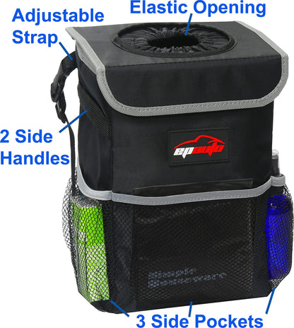 EPAuto Waterproof Car Trash Can With Lid And Storage Pockets 2.5 Gallon Black
