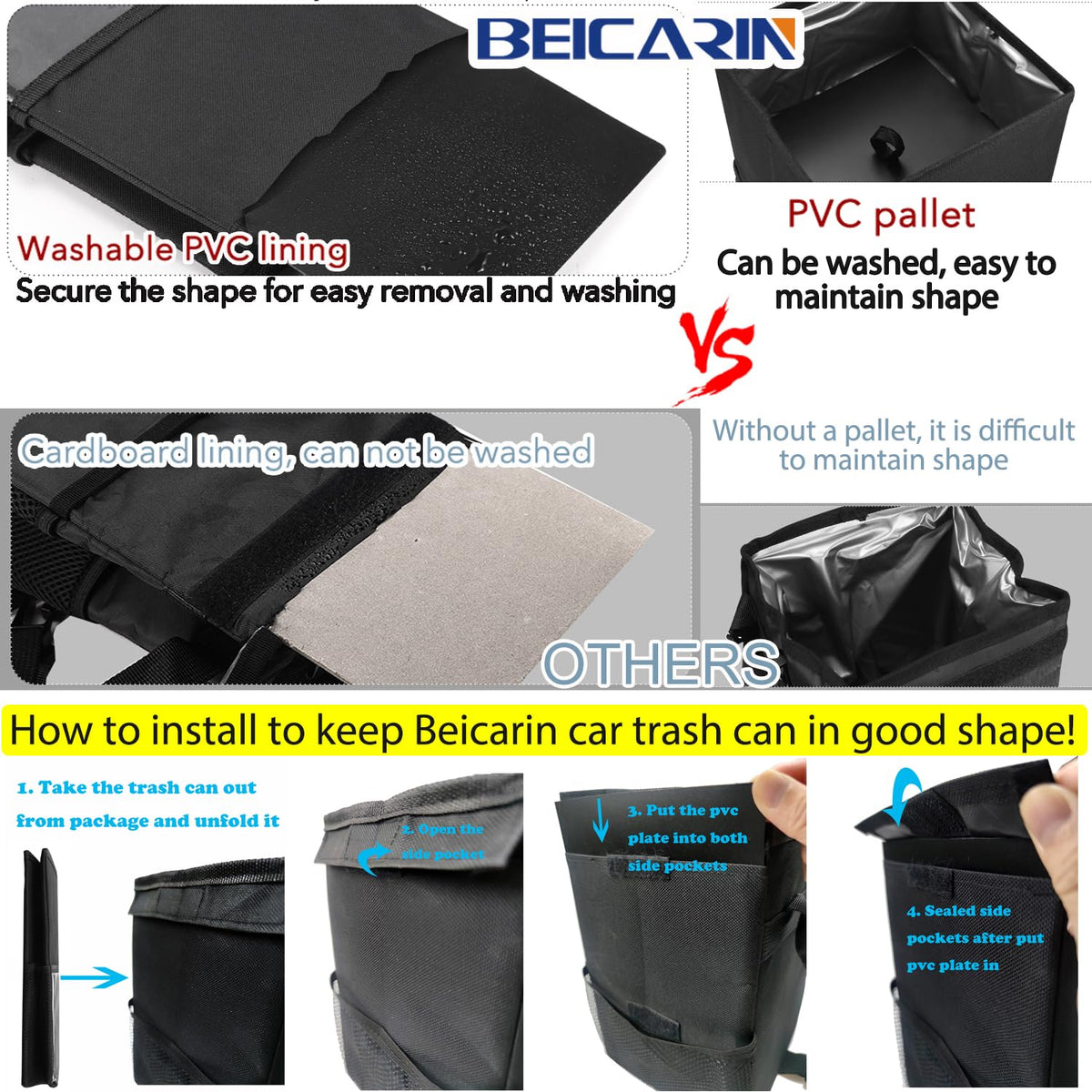Beicarin Car Trash Can With Lid 2.6 Gal Leakproof Collapsible SUV Truck Van Organizer