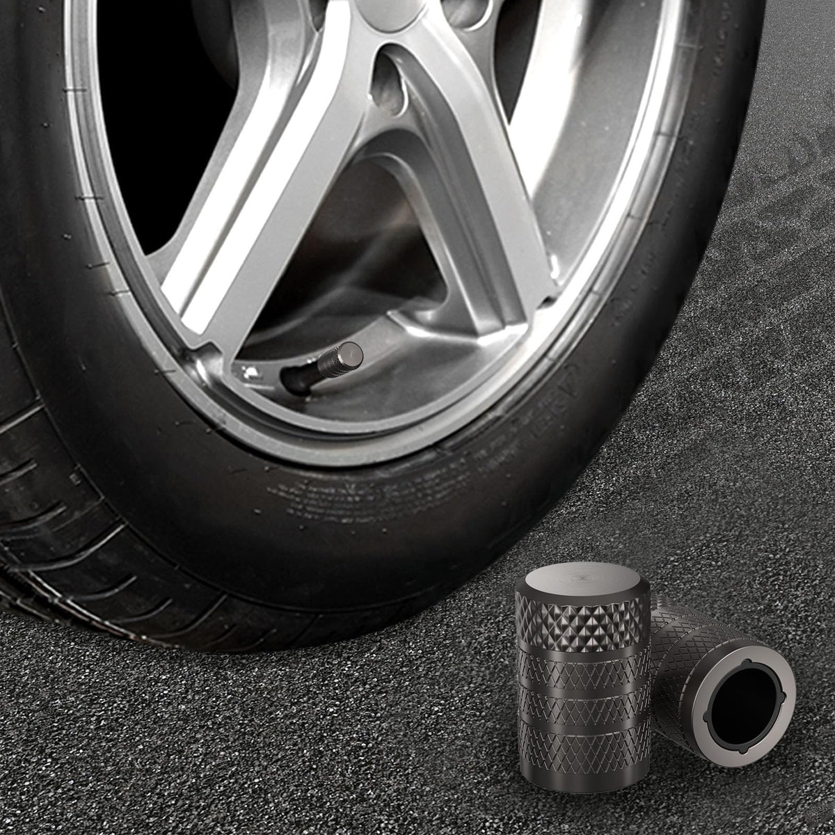 Black Anodized Aluminum Tire Valve Stem Caps Set, 4 Pack, Universal Fit Cars Trucks SUVs Motorcycles