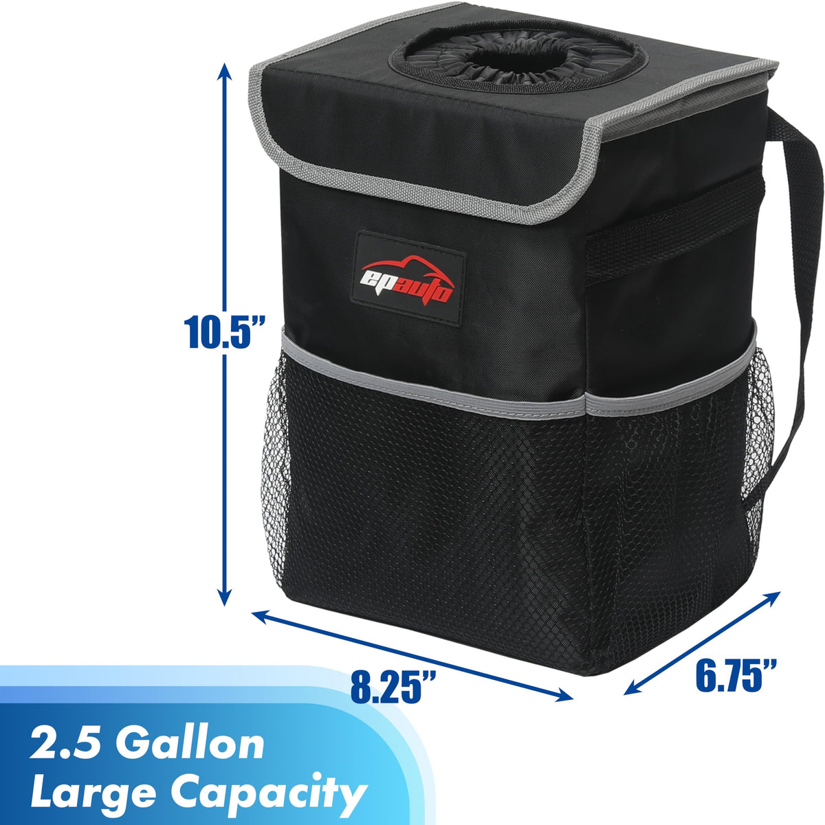 EPAuto Waterproof Car Trash Can With Lid And Storage Pockets 2.5 Gallon Black
